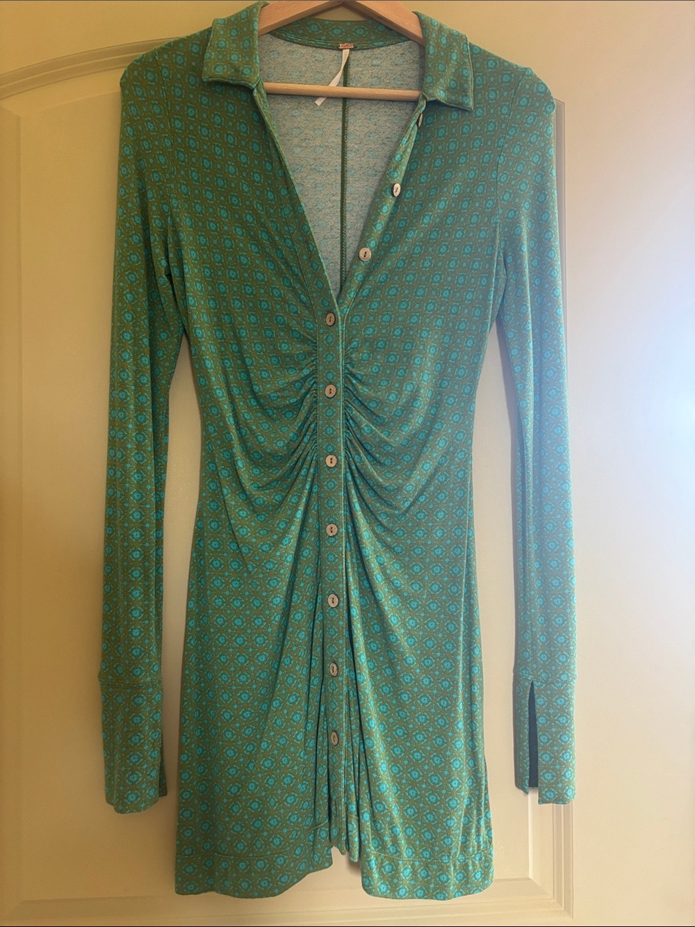Free people ruched front button down mini dress xs